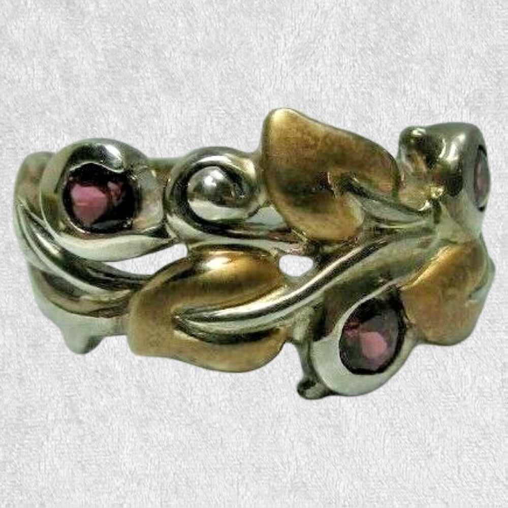 Barbara Bixby Sterling & 18K Leaf Vine Rhodolite Garnet Band Ring 6
